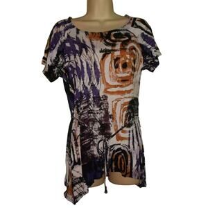 Marco New York Knit Top Women's M Multicolor Print Short Sleeve Tie Belt Tunic